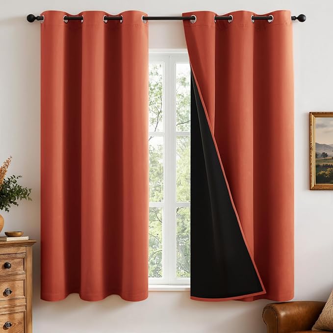 MIULEE Burnt Orange 100% Blackout Fall Curtains for Bedroom 40x45 Inch Long | 2 Thick Layers Thermal Insulated Short Curtains with Black Liner, Noise Reducing Grommet， Drapes for Living Room, 2 Panels
