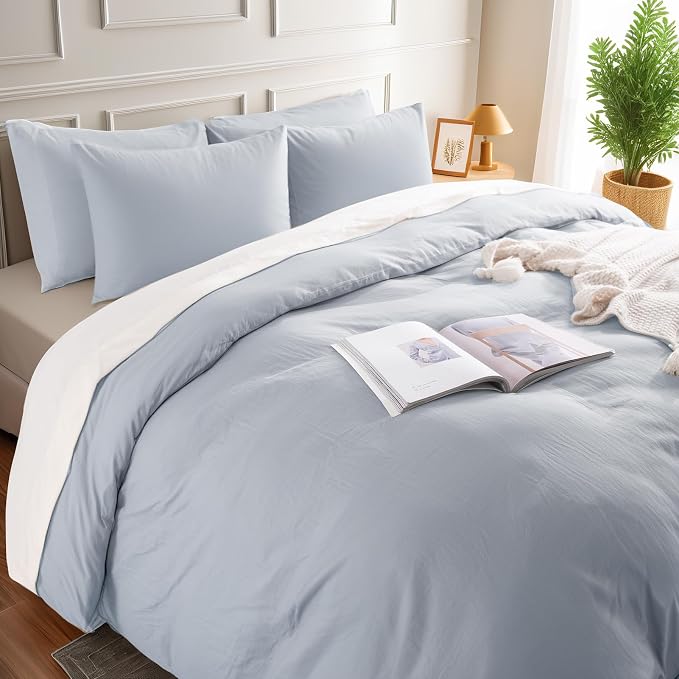 NEXHOME PRO Queen Duvet Cover Set, 100% Washed Cotton with Linen-Like Texture, Natural Organic, Breathable & Comfortable, Includes Home Bedding Set Cornflower Blue (No Comforter) 9090