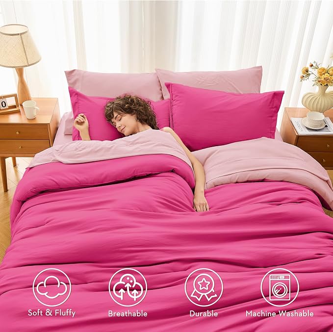 7 Pieces King Comforter Set, Soft Bed in a Bag King Size, All Season Bedding Set with Comforter, Flat Sheet, Fitted Sheet, Pillowcases & Shams, Hot Pink & Baby Pink