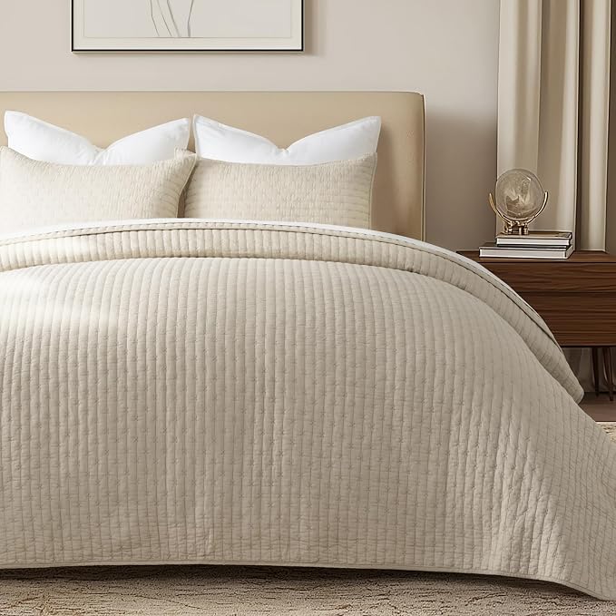 100% Cotton Cross Stitch 3-Piece Quilt Set, King, Flax Beige | 100% Cotton, Elegant Cross Stitch, Soft & Breathable, Prewashed Softness, Oversized Design, OEKO-TEX® Certified