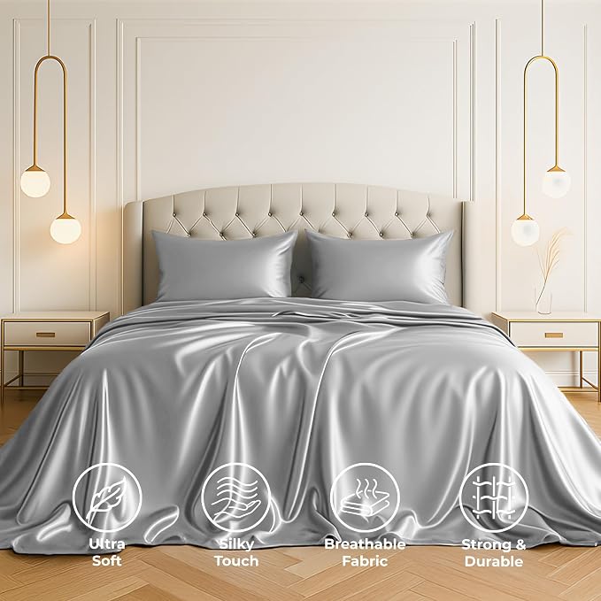 Satin Sheets Queen [4-Piece, Grey] Hotel Luxury Silky Bed Sheets - Extra Soft 1800 Microfiber Sheet Set, Wrinkle, Fade, Stain Resistant - Deep Pocket Fitted Sheet, Flat Sheet, Pillow Cases