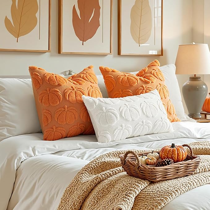 MIULEE Fall Pillow Covers Pumpkin Fall Decor Lumbar 12x20 Pure White | Set of 2 Fall Decorations for Home, Plush Faux Fur Farmhouse Accent Pillowcases, Porch Sofa Couch Cushion Bed Livingroom