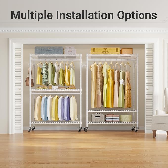 VIPEK R2 Plus Clothing Rack Heavy Duty Rolling Closet for Hanging Clothes | Lockable Silent Wheels, Double Hanging Rods, Adjustable Wire Shelving, Metal Side Hooks, Load 650lbs, for Laundry Room, White