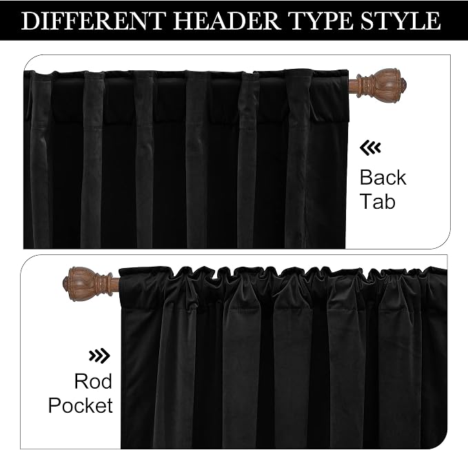 RYB HOME Black Velvet Curtains 100 inches Long, Long Floor Length Drapes | Room Darkening, Thermal Insulated, Luxurious Home Decor, Curtains for Living Room Bedroom Patio, W52 x L100, 2 Panels Set
