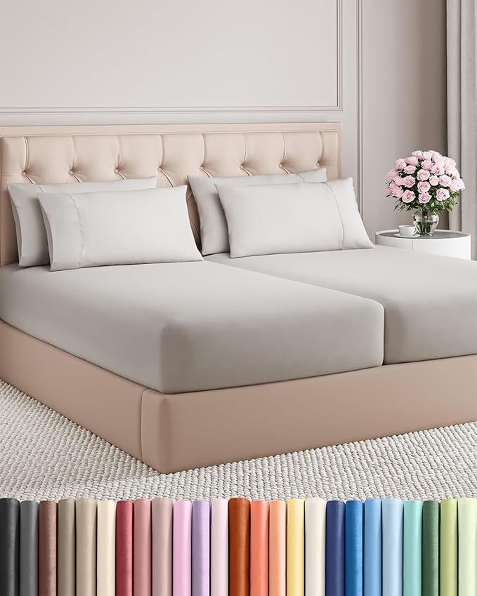 Split King 7 Piece Bed Sheet Set - Soft, Breathable & Cooling - French Grey | Ultra-Soft Hotel Luxury Bedding Set w/ 8-16 Inch Deep Pockets, 1 Flat & 2 Fitted Sheet & 4 Pillowcases, Wrinkle & Fade Free