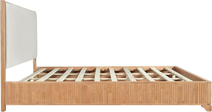 Christopher Knight Home Jill Modern King Bed Frame and Headboard, Bed Frame King with Upholstered Headboard, Wooden King Platform Bed Frame with Slat Supports, No Box Spring Needed, Natural+White