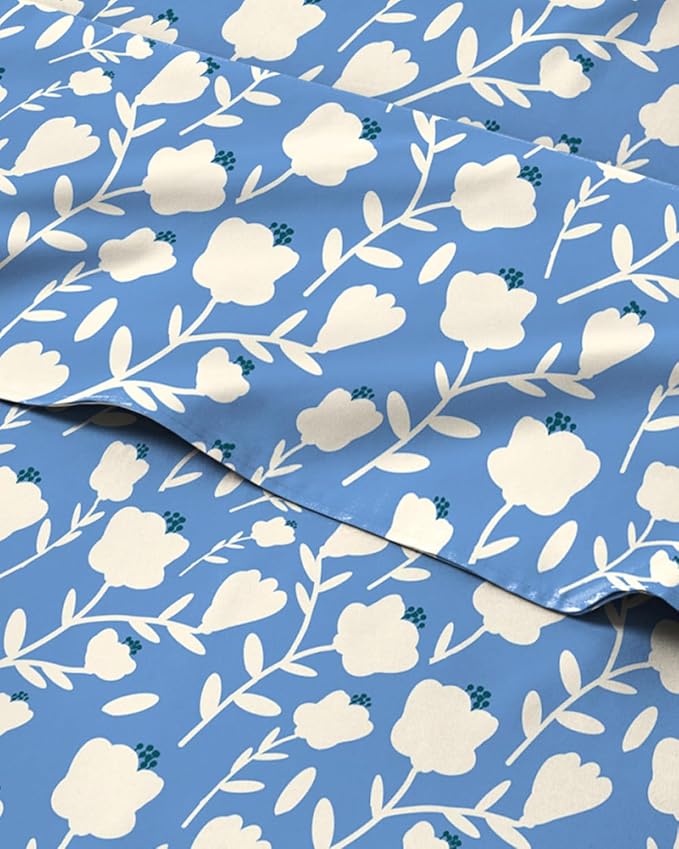 Twin 3 Piece Floral Sheet Set - Breathable & Cooling - Blue Cornflower | 1 Flat, 1 Fitted & 1 Pillowcase w/ Deep Pockets, Boho Botanical Floral Bedding, Breathable & Cooling, Wrinkle & Fade Free