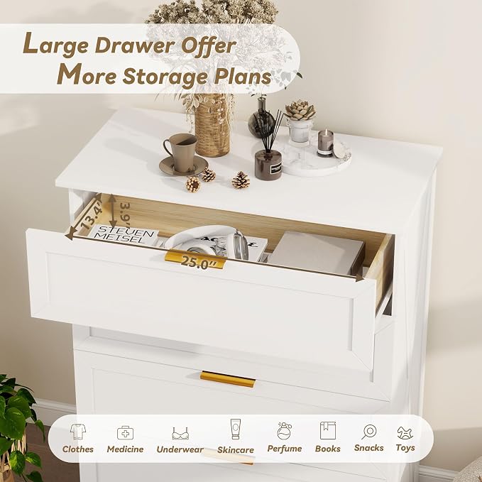 FTZxHKLX White 4 Drawer Dresser for Bedroom, Modern Chest of Drawers | Tall Bedroom Dresser with Large Drawer, Wooden Storage Dresser, Chest of Drawer for Closet, Living Room, Hallway, Nursery