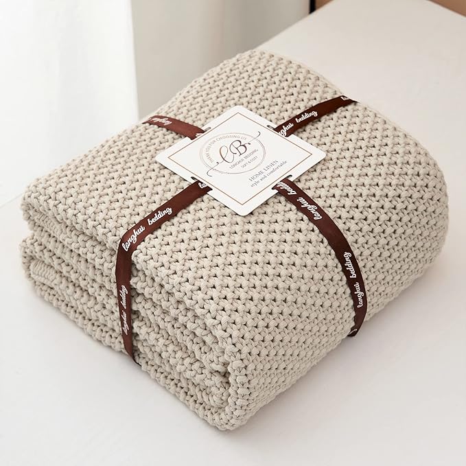 Chunky Cable Knit Throw Blanket Lightweight Beige 100% Organic Cotton Blanket for Sofa Couch Bed Baby Nursery, Rustic Shabby Chic Modern Farmhouse, 51” x 63” Give Laundering Bag