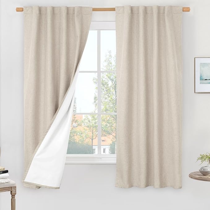 Oatmeal 100% Blackout Linen Curtains 63 Inches with White Liner | Linen Textured, Thermal Bedroom Curtains, Privacy, Drapes for Farmhouse, Rod Pocket Back Tab, 2 Panels, 38 x 63 Inch