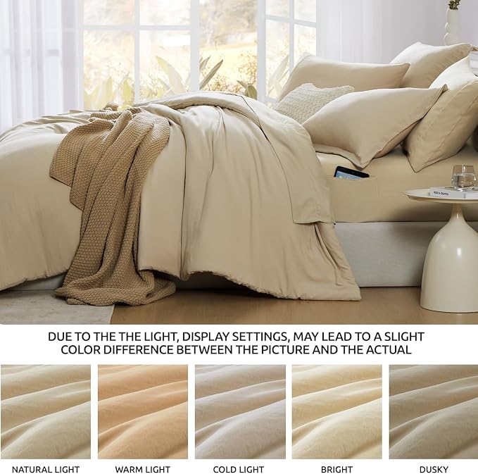 Oversized Queen Comforter Set -7 Pieces Soft Bed in a Bag Queen Bedding Set | Prewashed All Season Comforter with Sheets, Pillow Shams & Pillowcases,Beige