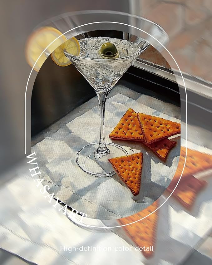 Martini Cocktail Framed Wall Art 12x16 Realistic Canvas Print, Drink Glass with Olive Lemon Crackers Still Life Painting, Modern Kitchen Café Lounge Dining Room Aesthetic Artwork Food Decor