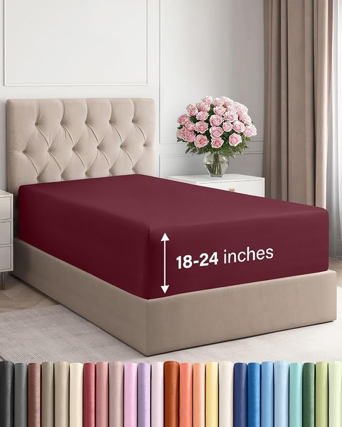 Deep Twin XL Fitted Sheet - College Dorm Room Essentials - Burgundy | Easily Fits 18 inch to 24 inch Mattress, Wrinkle Resistant, Soft, Breathable & Comfy, Extra Deep Pockets Fitted Sheet