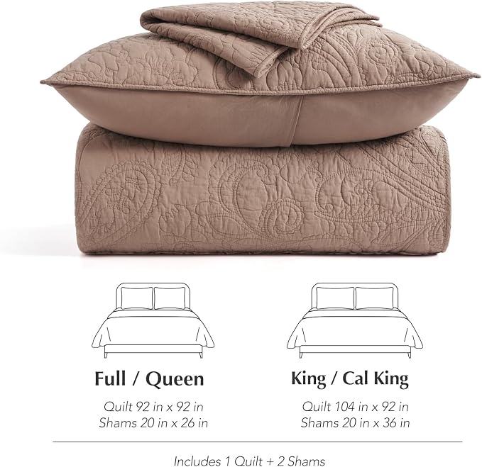EVERGRACEHOME 100% Cotton Paisley Quilt Set, Queen Size, Dusty Brick | Prewashed for Softness, Year-Round Breathability, Gift-Ready Box, Matelasse-style Quilted Coverlet, 3 Piece Set with 2 Shams