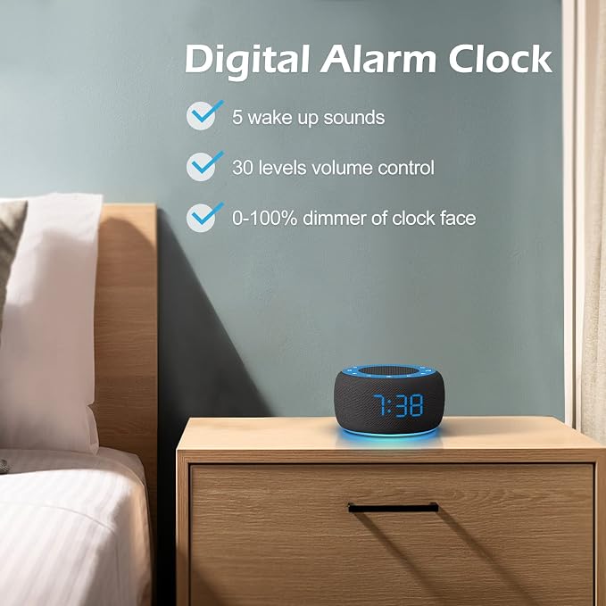 Buffbee Sound Machine & Alarm Clock 2-in-1, Bedroom Sleep Clock | 0-100% Clock Face Brightness, Bottom Colored Light, Sleep Timer, Precise 30-Level Volume Control White Noise Machines