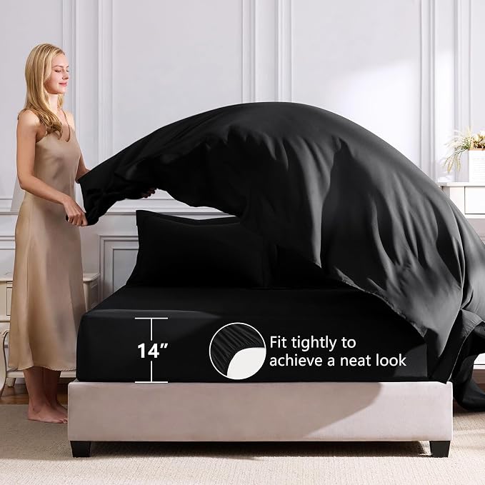 Full Size Comforter Sets Black - 7 Pieces Complete Bedding Set | OEKO-TEX Certified, All Season, 240GSM Down-Alternative Comforter, Sheets, Pillowcases & Shams, 14" Deep Pocket, Easy Care