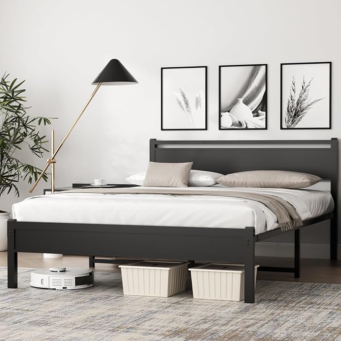 Easy Install 16 Inch Full Size Bed Frame with Headboard&Footboard | Large Under Bed Storage, No Box Spring Needed, Non-Slip Without Noise, Sturdy Steel Frame, Mattress Foundation, Black