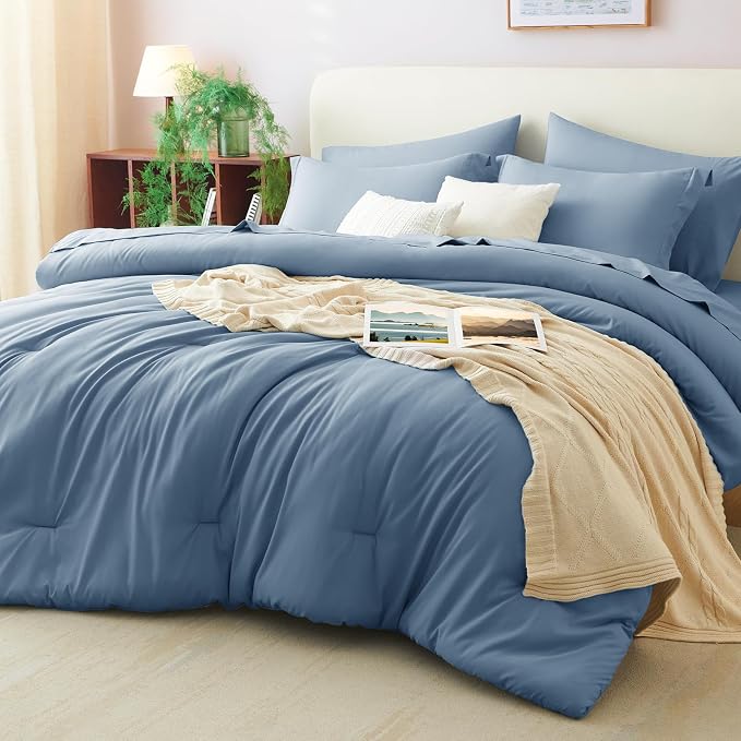 Oversized Queen Comforter Set Grayish Blue, 7 Pieces Bed in a Bag | OEKO-TEX Certified, All-Season, Bedroom, 240GSM Down Alternative Comforter, Flat & Fitted Sheets, 2 Pillowcases & 2 Shams