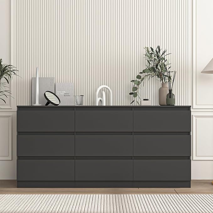 Vibe & Dine Black Dresser 9 Drawer, Modern Long Dresser for Bedroom, Wood Chest of Drawers with Wide Storage for Living Room
