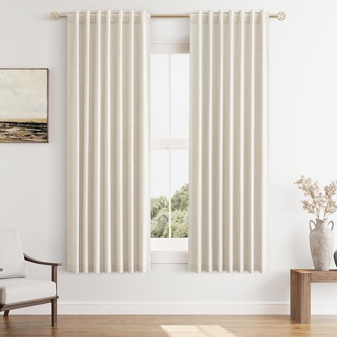 100% Blackout Linen Curtains 63 Inch Length 2 Panels Set for Living Room Bedroom Back Tab Thermal Insulated Black Out Drapes Room Darkening Farmhouse Style for Bedroom Window Curtains 52x63
