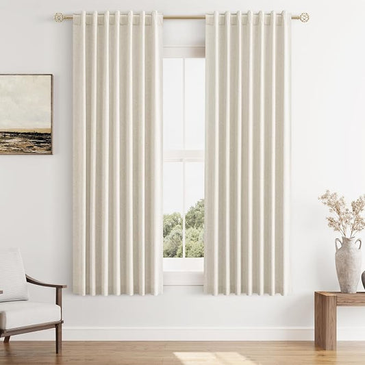 100% Blackout Linen Curtains 63 Inch Length 2 Panels Set for Living Room Bedroom Back Tab Thermal Insulated Black Out Drapes Room Darkening Farmhouse Style for Bedroom Window Curtains 52x63