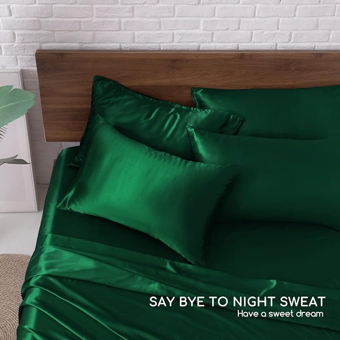 MR&HM Satin Sheets King Size with Elastic Corner Straps, Dark Green | Similar to Silk, 6-Piece Silky Soft Bed Sheet Set, Gentle on Skin and Hair, 15" Deep Pocket, Cooling & Breathable