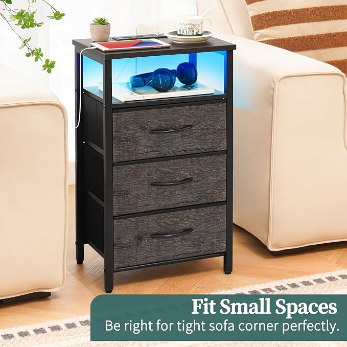 Yoobure Night Stand with Charging Station, 3 Fabric Drawers Nightstand, Bedside Tables with Storage Shelf, End Table with 16 Colors LED, Small Dresser for Small Space, Gray | 16 Colors Bedside Table with 3 Fabric Drawers & Storage Shelf, End Table with...