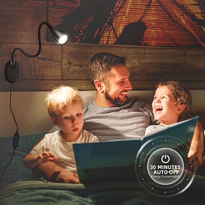 LiFMIRA Wall-Mounted LED Bedside Reading Light USB Charging Port Black | 10-Level Dimmable & Adjustable 5 Color, Plug-in Adhesive Night Lamp for Books in Bed, Eye-Caring Bedroom Lighting