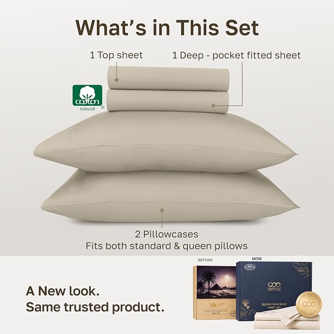 California Design Den Certified 100% Egyptian Cotton Full Bed Sheets, Beige | Backed by Good Housekeeping Seal, Light & Airy Soft Sateen, 15" Deep Pocket, All-Around Elastic, Durable, Easy Care 4pc Set