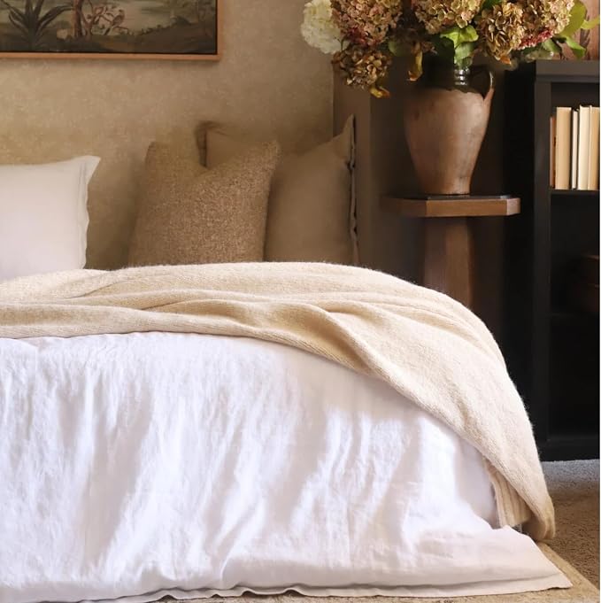 Simple&Opulence 100% French Linen Duvet Cover Set with Embroidered,3 Pcs Washed Soft Farmhouse Bedding Set with Button Closure,1 Comforter Cover and 2 Pillowshams(Queen,White)