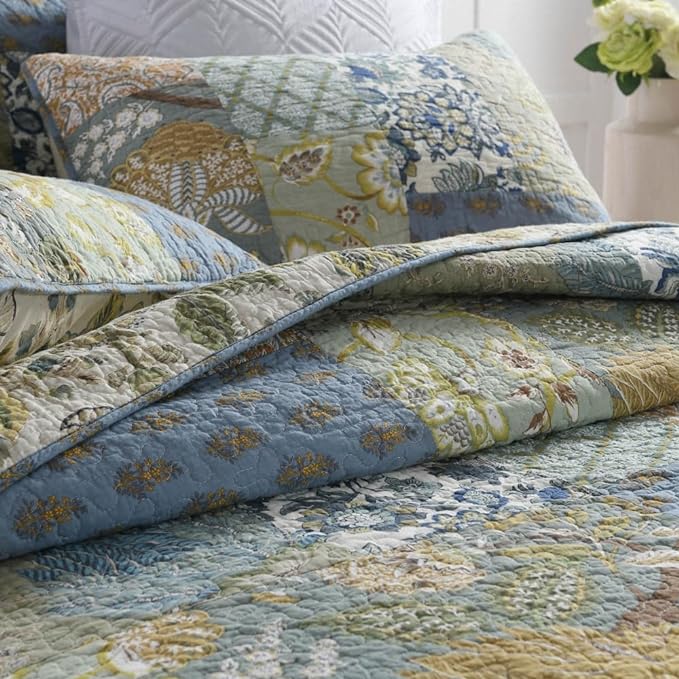 Wistown Cotton Bedspread Bedding Coverlet Quilt Sets, Reversible Vintage Branch Floral Bedspread comforters, (Rustic Sage Green Patchwork Pattern, King Size)