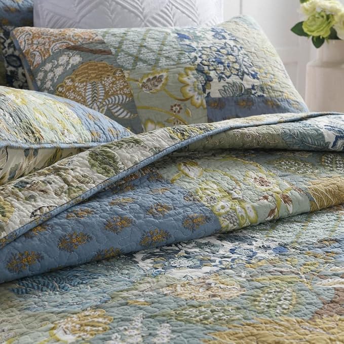 Wistown Cotton Bedspread Bedding Coverlet Quilt Sets, Reversible Vintage Branch Floral Bedspread comforters, (Rustic Sage Green Patchwork Pattern, Queen Size)