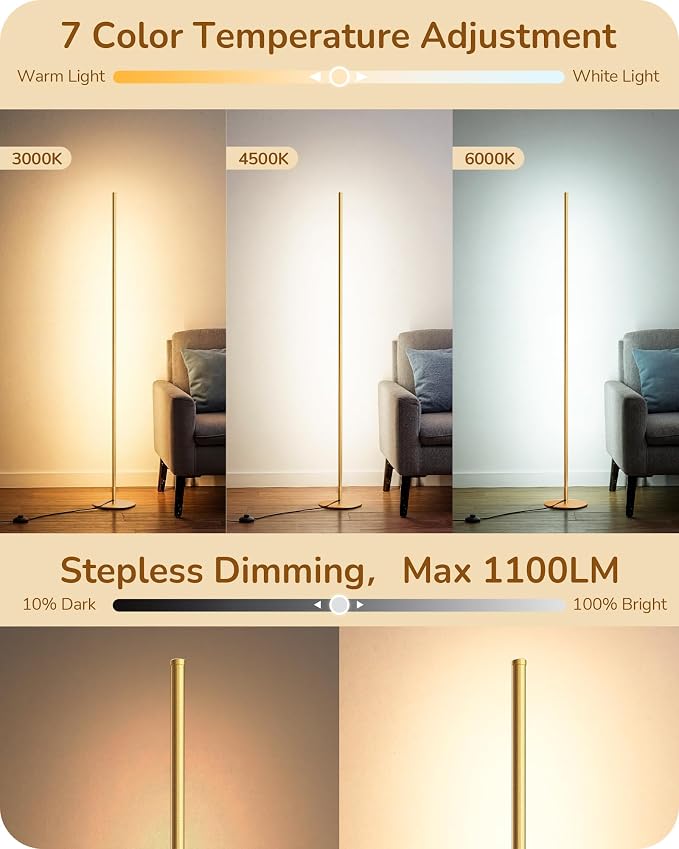 EDISHINE 2 Pack 57.5” Corner Lamp with Remote, 7 CCT Adjustable & Dimmable | 2700-6000K, Sturdy Base, LED Modern Floor Lamp for Bedroom, Living Room, Home Office, Gold