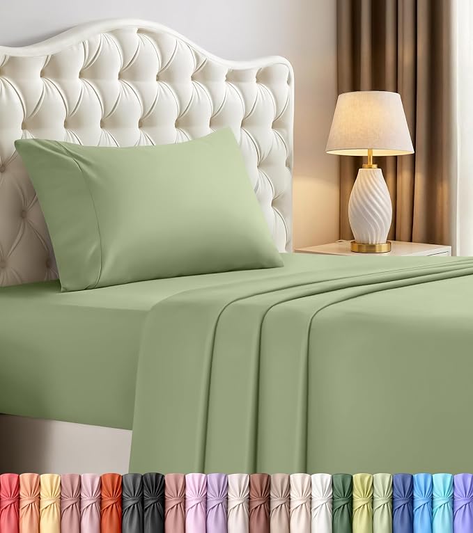 Twin XL Sheets Set, 3 Pieces 16" Deep Pocket Hotel Luxury Bed Sheets, Sage | Extra Soft Bedsheet Set, Comfy & Breathable Cooling Sheets, Wrinkle & Fade Resistant, Fitted Sheet, Flat Sheet, 1 Pillowcase