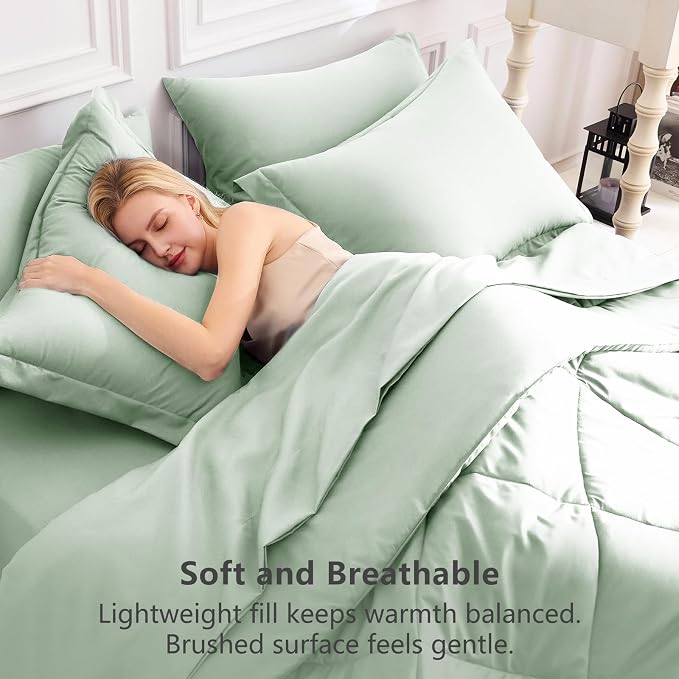 King Size Comforter Set Sage Green - 7 Pieces Complete Bedding Set | OEKO-TEX Certified, All Season, 240GSM Down-Alternative Comforter, Sheets, Pillowcases & Shams, 14" Deep Pocket, Easy Care