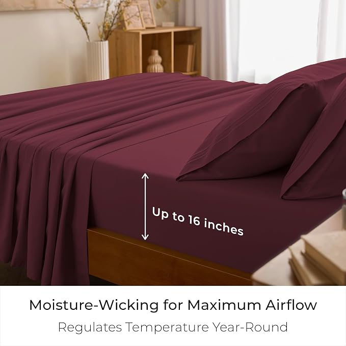 Mellanni Iconic 3-Piece, Ultra Soft Sheet Set (Twin XL, Burgundy) | 10M+ Sleepers. Lab-tested: Sleeps Cool, Stays Bright, Strong, Smooth. Good Housekeeping Best Bedding, 7 yrs running.