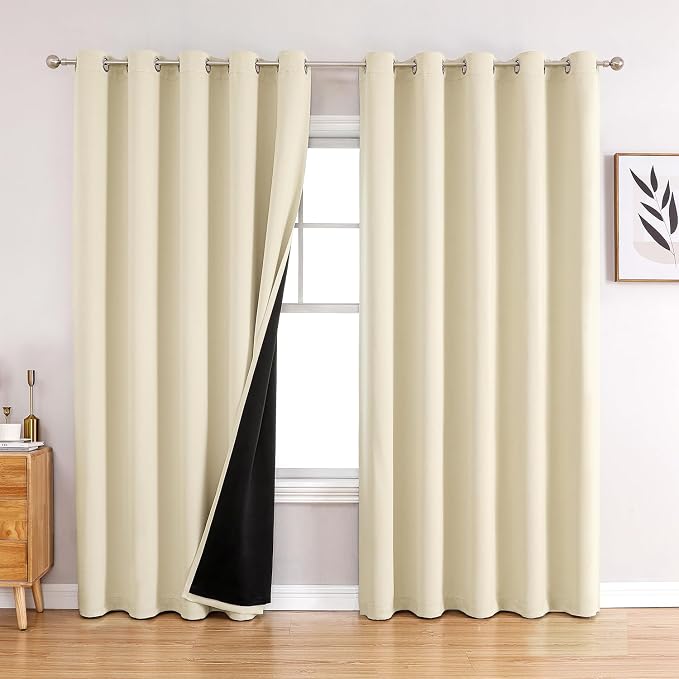 ChrisDowa 100% Blackout Curtains for Bedroom 84 Inches Long 2 Panels Set | 2 Thick Layers, Thermal Insulated, Light Blocking, Grommet, Window Treatment, Living Room Drapes, Light Beige, 60 x 84 Inch