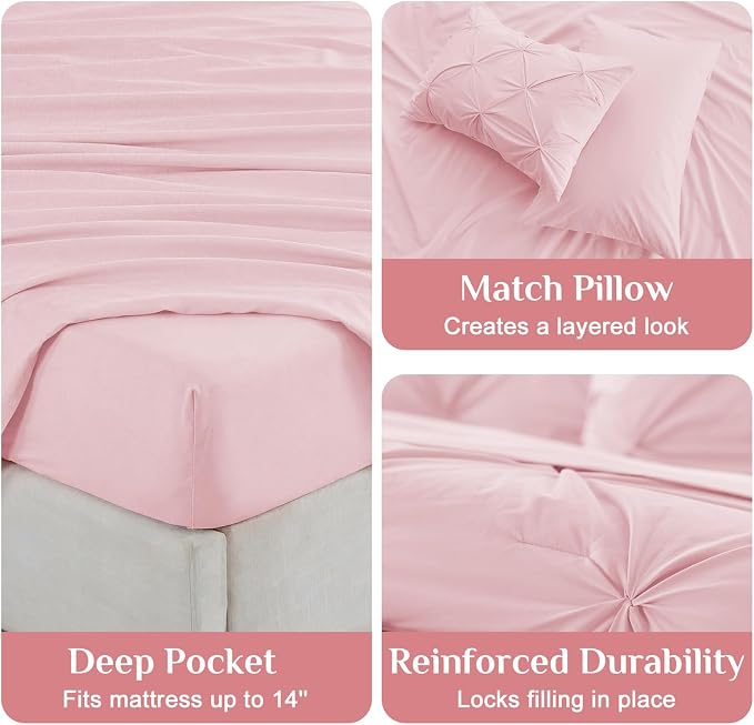 JOLLYVOGUE California King Comforter Set 7 Pieces - Bed in a Bag Cal King for All Season, Pintuck Bedding Comforter Sets with Comforter, Flat Sheet, Fitted Sheet and Pillowcases & Shams, Baby Pink