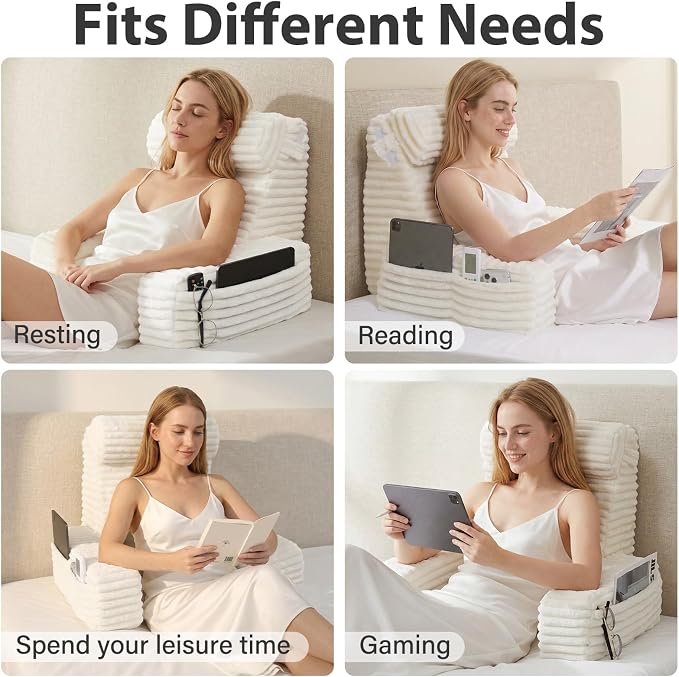 ENITYA 19" Large Back Pillow for Bed Sitting Up with Armrests & Big Pockets | Reading Pillow for Sitting in Bed Adult, Back Support Wedge for Reading/Resting/Post Surgery/Watching TV/Gaming,Ivory