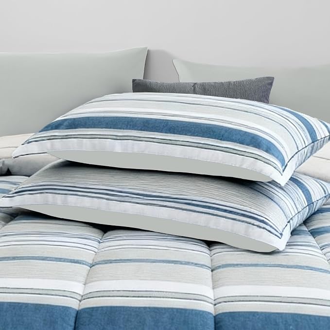 Monbix Queen Comforter Set-7 Pieces Striped Bed in a Bag Queen Bedding Sets | All Season Royal Blue Reversible Soft Comforter Bed Set with Sheets, Pillowcases & Shams