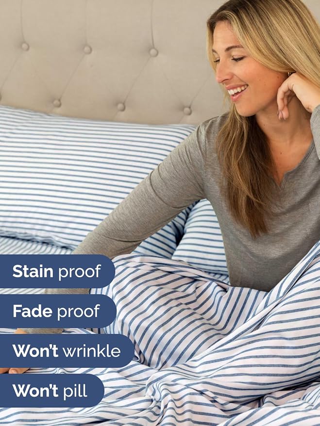Extra Deep Cal King Sheet Set - 6 Piece Breathable & Cooling - Blue Stripes | Hotel Luxury Bed Sheets Set, Easy & Secure Fit, Ultra-Soft, Wrinkle & Fade Free, Comfy Sheets Set with Extra Deep Pockets