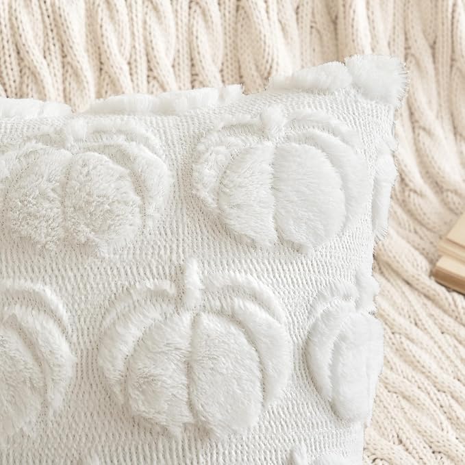 MIULEE Fall Pillow Covers Pumpkin Fall Decor 18x18 Pure White | Set of 2 Fall Decorations for Home, Plush Faux Fur Farmhouse Accent Pillowcases, Porch Sofa Couch Cushion Bed Livingroom