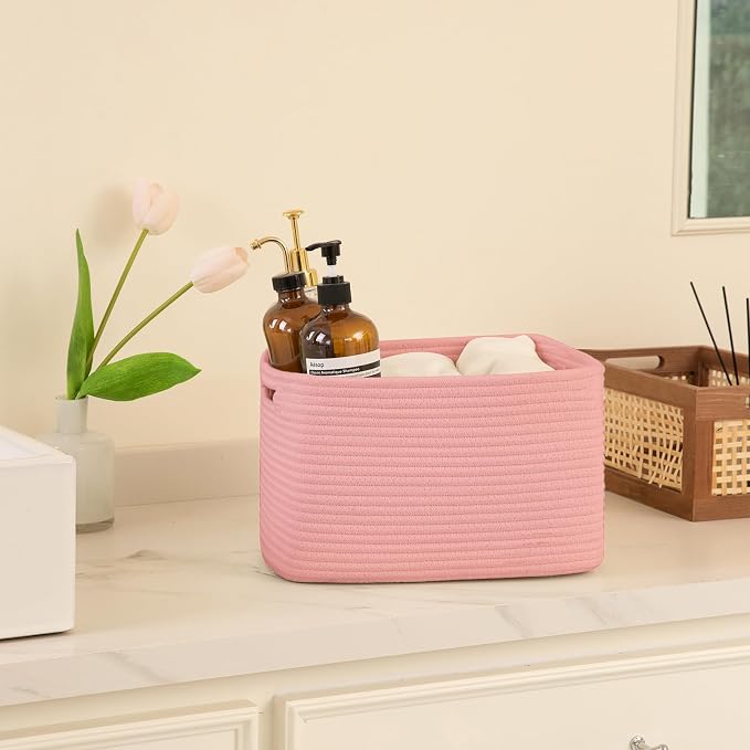 OIAHOMY 4 Pack Storage Baskets for Organizing 15L Cube Storage Bins Pink | Woven Baskets for Storage Rectangle Small Baskets With Handles Baskets for Shelves Wicker Baskets for Shelves 12.7x9x7.8inch