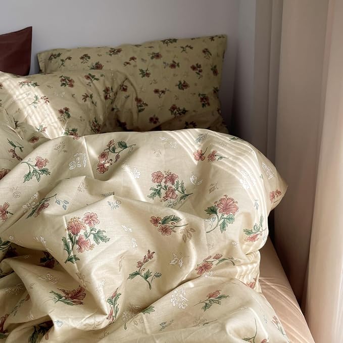 mixinni Vintage Floral Duvet Cover Full Size - 3 Piece 100% Cotton Cottagecore Red Flowers & Green Leaves Bedding, Soft Botanical Comforter Cover & Pillowcases, Aesthetic Spring Bed Set for Girls