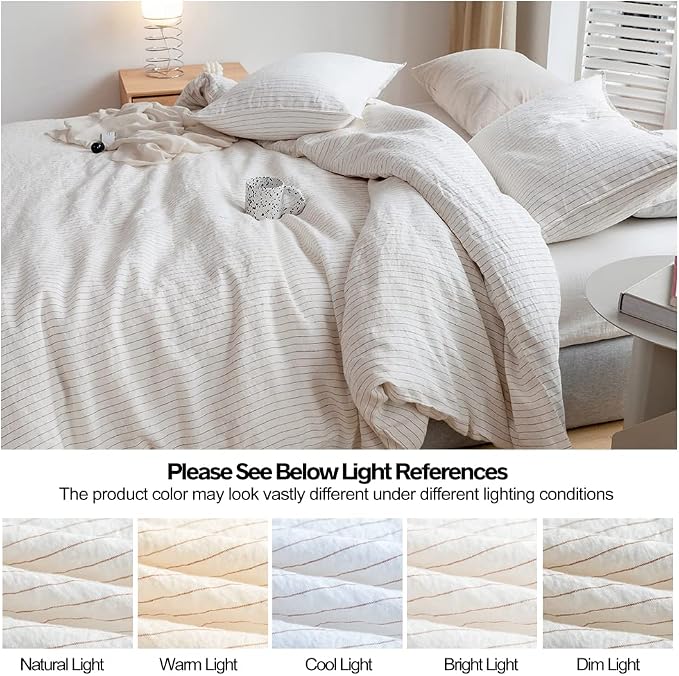 Simple&Opulence 100% Linen Striped Duvet Cover Queen 3pcs, Yarn Dyed Vertical Pinstripe Ticking Pattern Natural French Washed Flax Breathable Farmhouse Bedding - Cinnamon Stripe