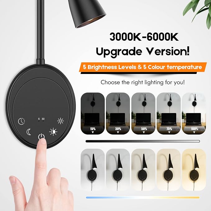 SANKEDOU LED Wall Mount Reading Light, Bedside Reading Lights, 5 Dimmable | Touch Control, USB Output, Night Light & Timers, Flexible Gooseneck Headboard Bed Lights Wall Sconce