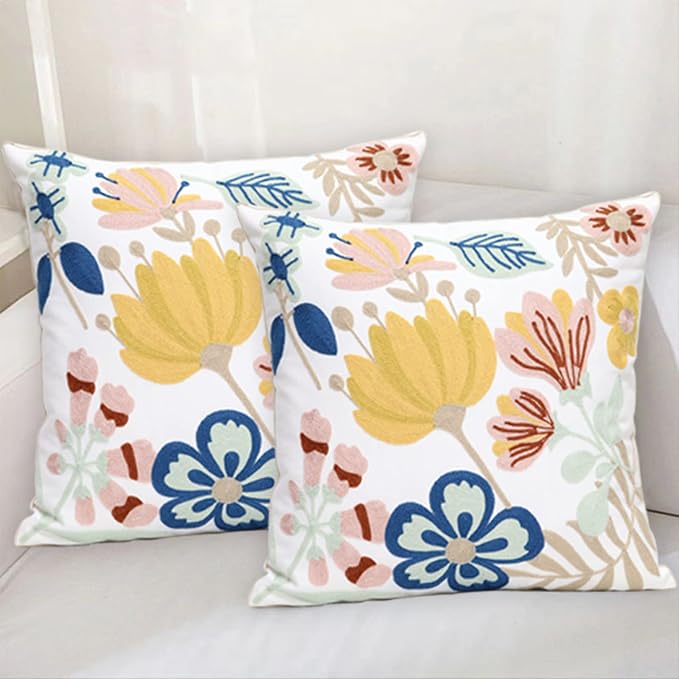 Pack of 2 Embroidered Decorative Throw Pillow Cover 18x18 Inch Farmhouse Floral Pillowcase for Living Room Sofa Bed (Floral)