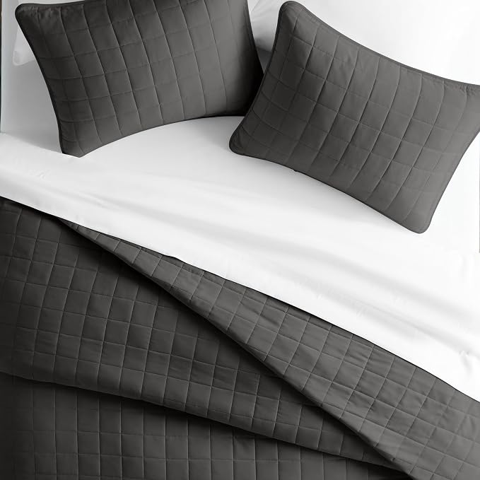 Merit Linens Classic Quilt Coverlet Soft Set in Square Stitching - Full/Queen Gray