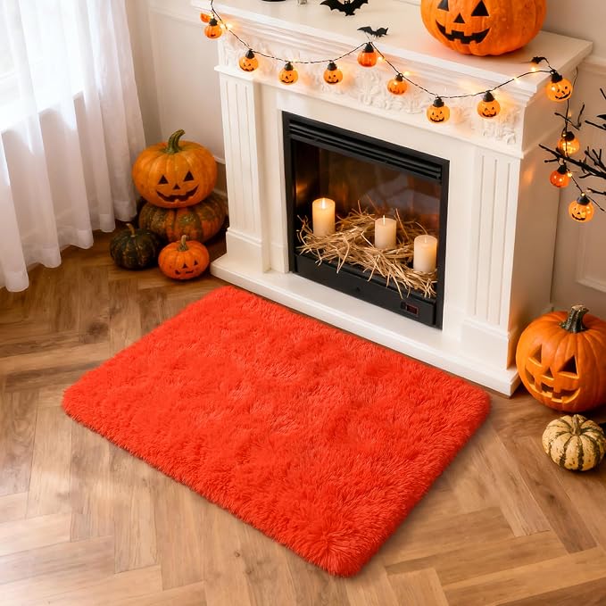 Fluffy Rug Shaggy Area Rug, Orange Red 2x3 Small Rugs for Fireplace Holiday Dearations, Mini Fuzzy Plush Kids Bedside Rug, Soft Non-Slip Entryway Throw Rugs Shag Catpet for Living Room