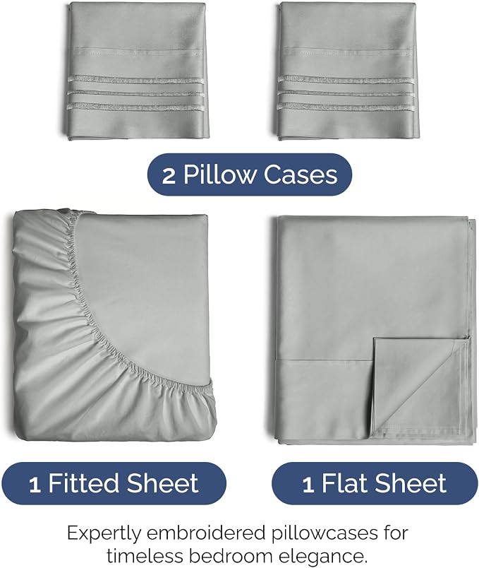 Full Size 4 Piece Sheet Set - Soft & Cooling Bed Sheets - Light Slate Grey | Fits 8 Inch to 16 inch Mattress, Wrinkle Free & Fade Resistant with Deep Pockets, Breathable, Comfy Hotel Luxury Bedding